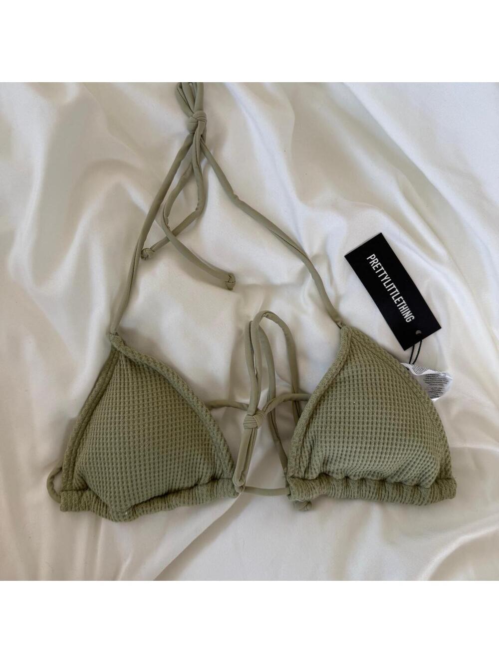 Pretty little thing sage green textured tie bikini top NWT